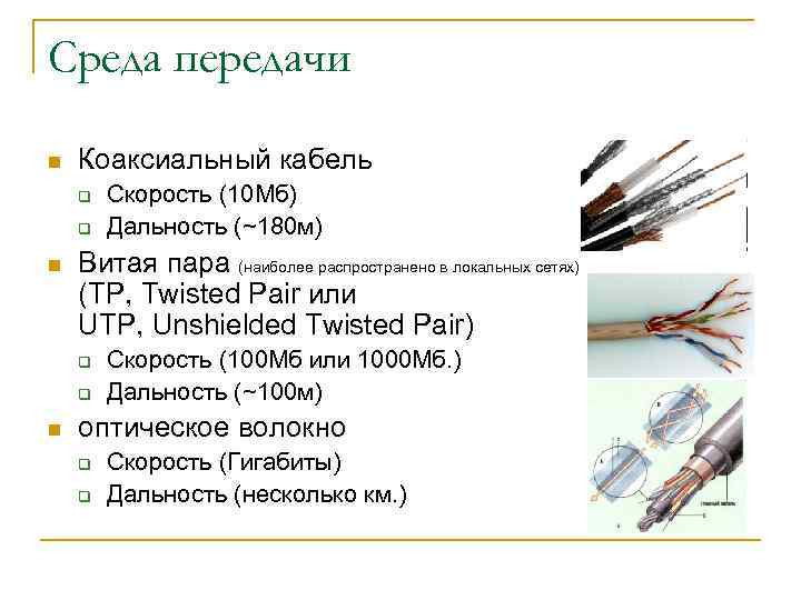 Среда передачи n Коаксиальный кабель q q n Витая пара (наиболее распространено в локальных