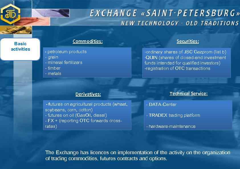 Basic activities Commodities: - petroleum products - grain - mineral fertilizers - timber -