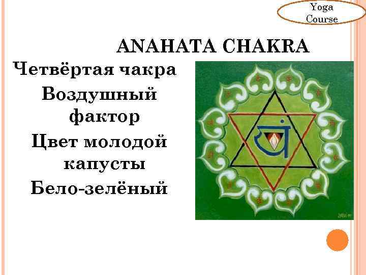 Yoga Course ANAHATA CHAKRA Четвёртая чакра Воздушный фактор Цвет молодой капусты Бело-зелёный 