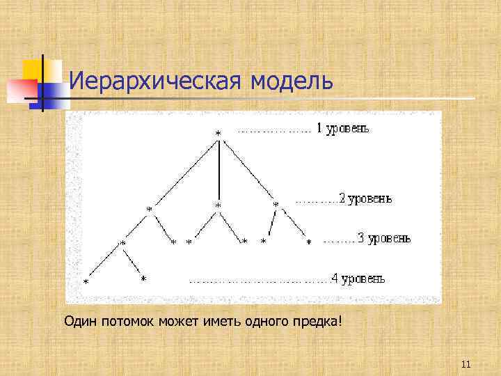 Иерархическая модель Один потомок может иметь одного предка! 11 