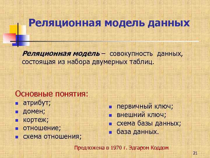Реляционная модель данных Реляционная модель – совокупность данных, состоящая из набора двумерных таблиц. Основные