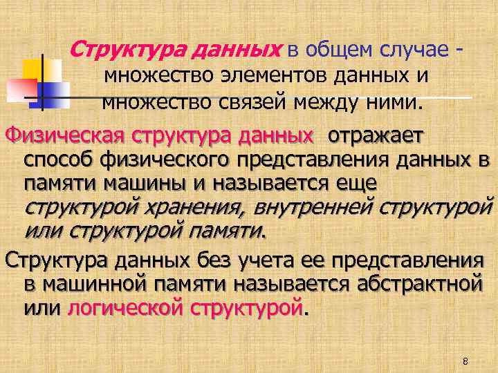 Структура данных в общем случае множество элементов данных и множество связей между ними. Физическая