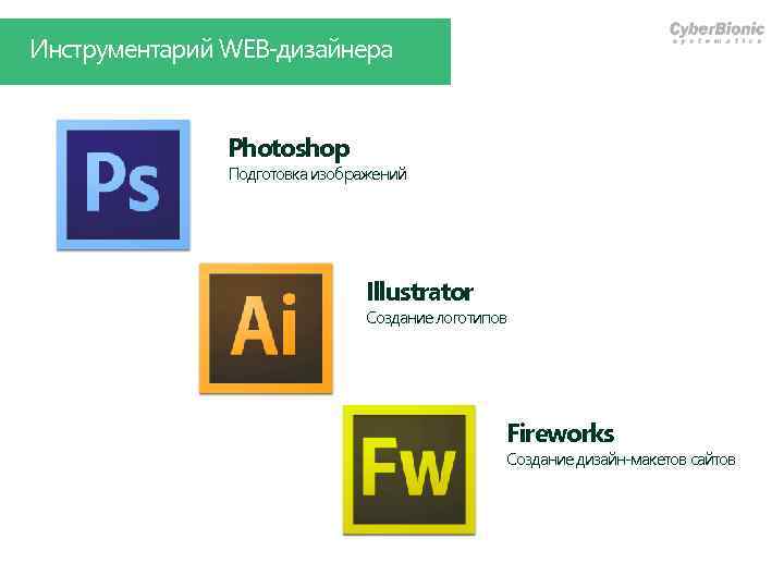Инструментарий WEB-дизайнера Photoshop Подготовка изображений Illustrator Создание логотипов Fireworks Создание дизайн-макетов сайтов 