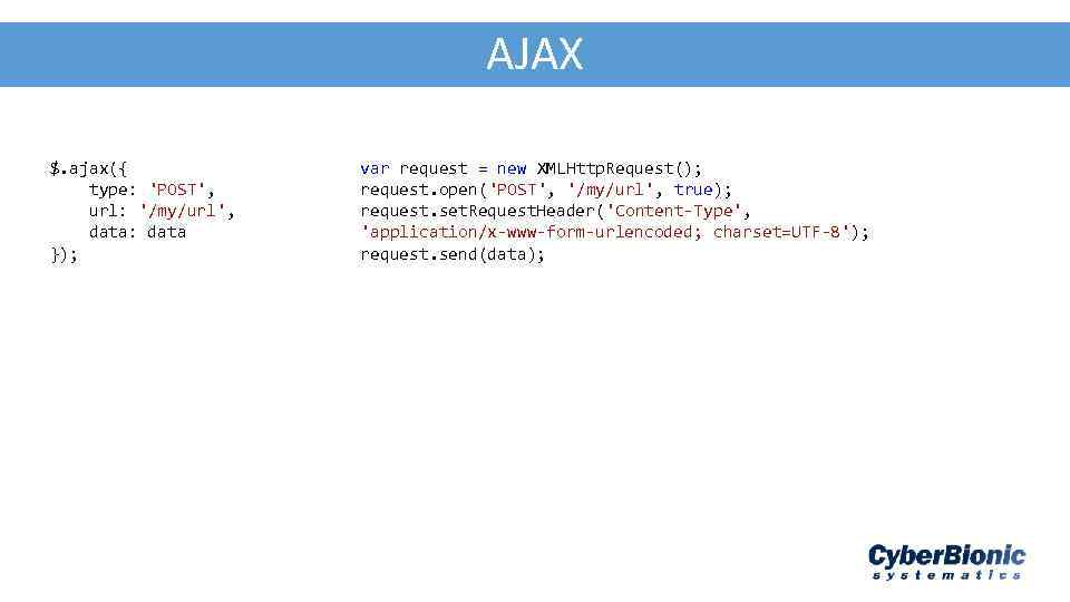 AJA - JSON AJAX $. ajax({ type: 'POST', url: '/my/url', data: data }); var