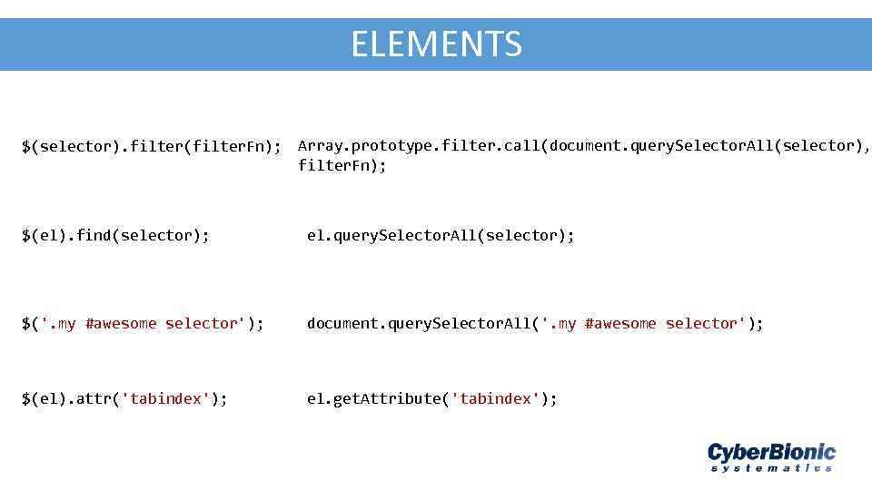 AJA - JSON ELEMENTS $(selector). filter(filter. Fn); Array. prototype. filter. call(document. query. Selector. All(selector),