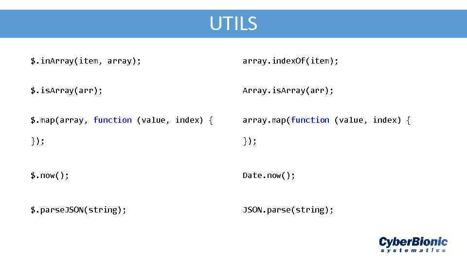 AJA - JSON UTILS $. in. Array(item, array); array. index. Of(item); $. is. Array(arr);