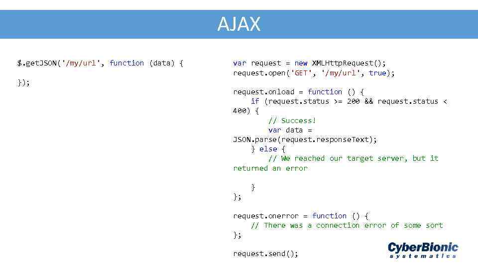 AJA - JSON AJAX $. get. JSON('/my/url', function (data) { var request = new