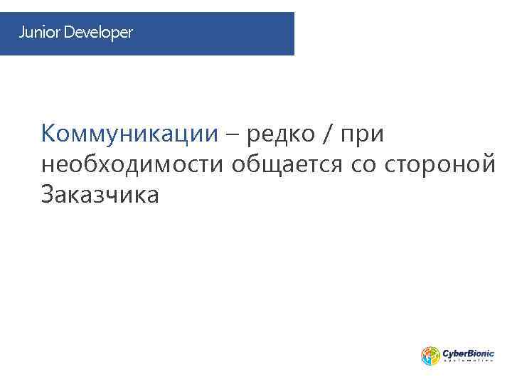 Junior Developer Коммуникации – редко / при необходимости общается со стороной Заказчика 