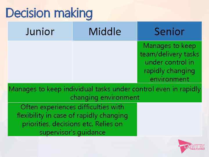 Decision making Junior Middle Senior Manages to keep team/delivery tasks under control in rapidly