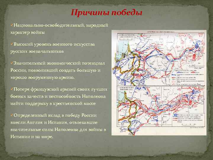 Причины победы üНационально-освободительный, народный характер войны üВысокий уровень военного искусства русских военачальников üЗначительный экономический