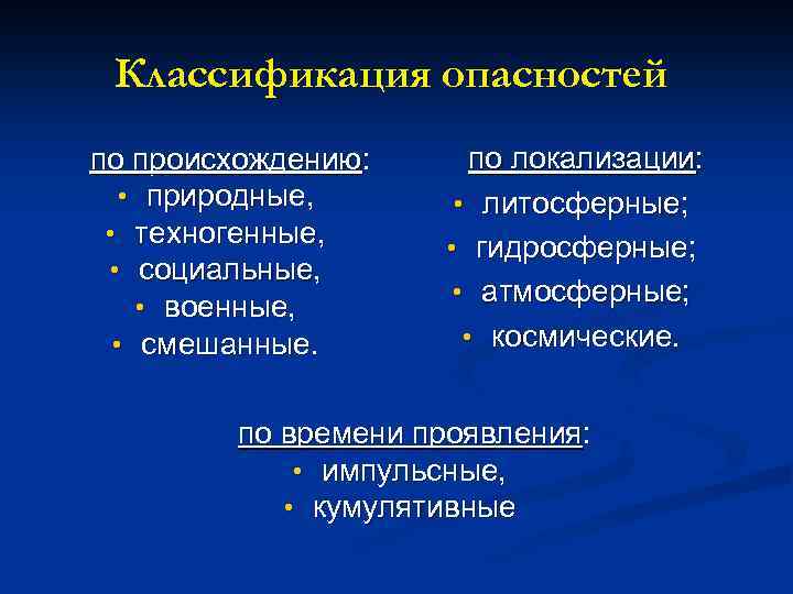 Классификация опасностей по происхождению: • природные, • техногенные, • социальные, • военные, • смешанные.