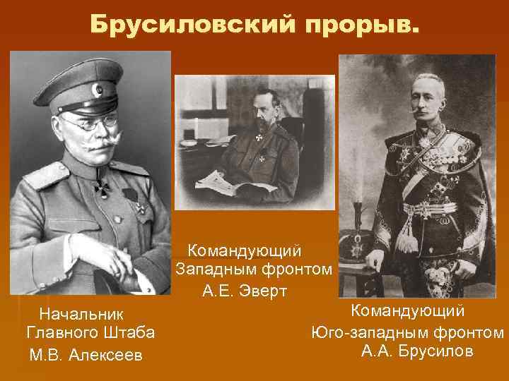 Брусиловский прорыв. Командующий Западным фронтом А. Е. Эверт Начальник Главного Штаба М. В. Алексеев