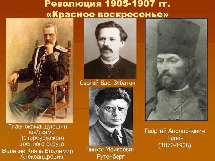 Революция 1905 -1907 гг. «Красное воскресенье» Сергей Вас. Зубатов Главнокомандующий войсками Петербуржского военного округа