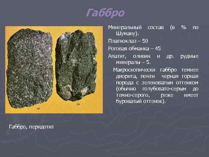 Габбро Минеральный состав (в % по Шуману). Плагиоклаз – 50 Роговая обманка – 45