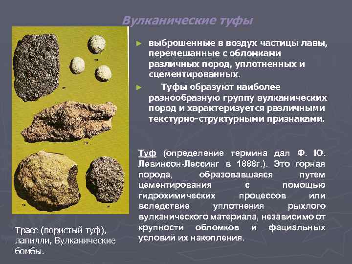 Вулканические туфы выброшенные в воздух частицы лавы, перемешанные с обломками различных пород, уплотненных и