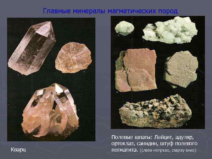 Главные минералы магматических пород Кварц Полевые шпаты: Лейцит, адуляр, ортоклаз, санидин, штуф полевого пегматита.