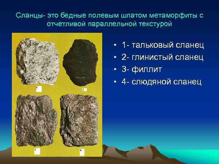 Сланцы- это бедные полевым шпатом метаморфиты с отчетливой параллельной текстурой • • 1 -