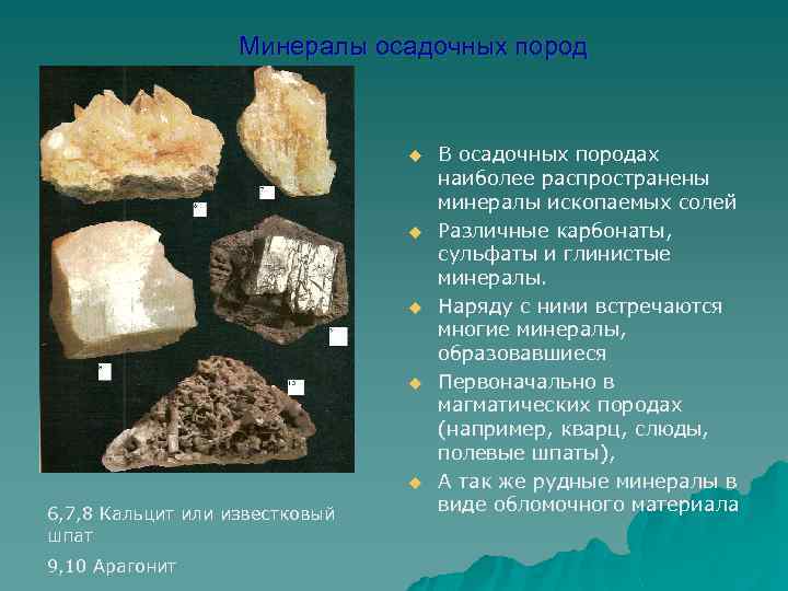 Минералы осадочных пород u u u 6, 7, 8 Кальцит или известковый шпат 9,