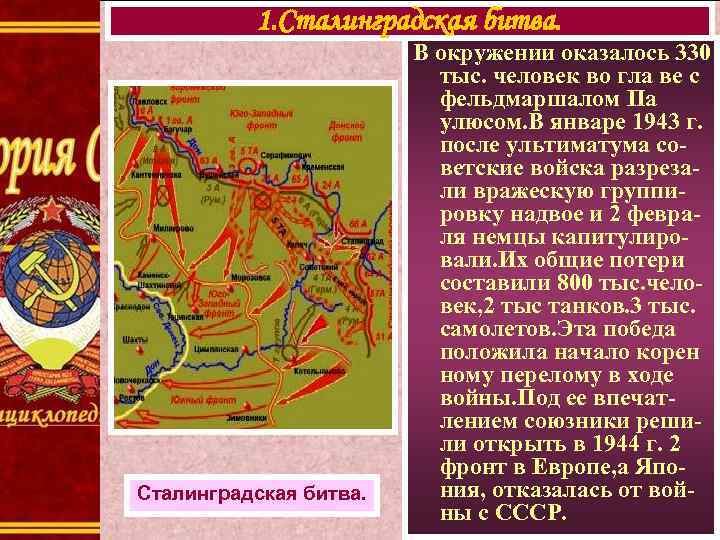 1. Сталинградская битва. В окружении оказалось 330 тыс. человек во гла ве с фельдмаршалом