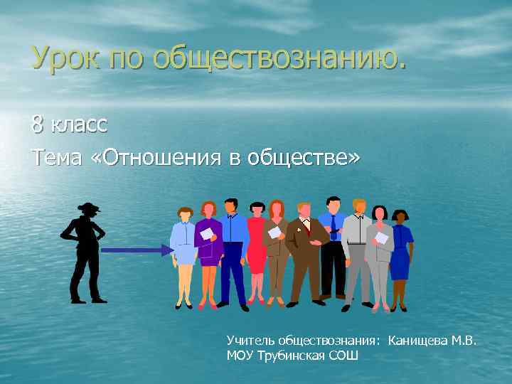 Урок по обществознанию. 8 класс Тема «Отношения в обществе» Учитель обществознания: Канищева М. В.