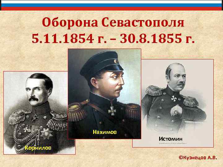 Оборона Севастополя 5. 11. 1854 г. – 30. 8. 1855 г. Нахимов Истомин Корнилов