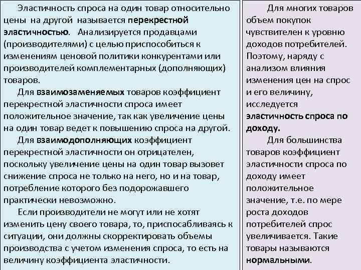 Эластичность спроса на один товар относительно цены на другой называется перекрестной эластичностью. Анализируется продавцами