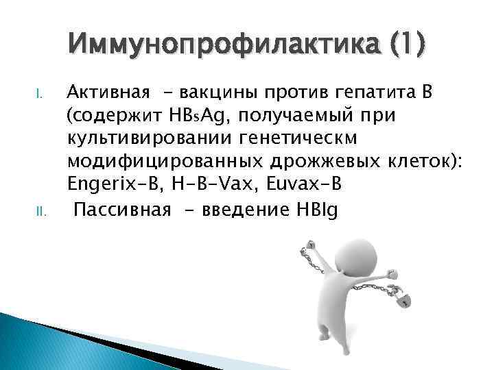Иммунопрофилактика (1) I. II. Активная - вакцины против гепатита В (содержит HBs. Ag, получаемый