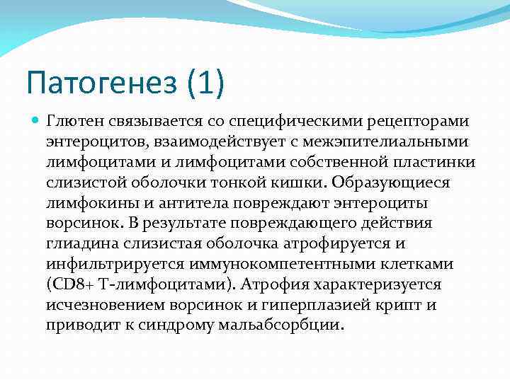 Патогенез (1) Глютен связывается со специфическими рецепторами энтероцитов, взаимодействует с межэпителиальными лимфоцитами собственной пластинки