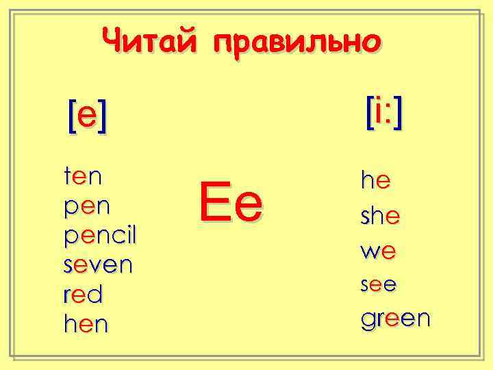 Читай правильно [ e] [i: ] ten pencil seven red hen he she we