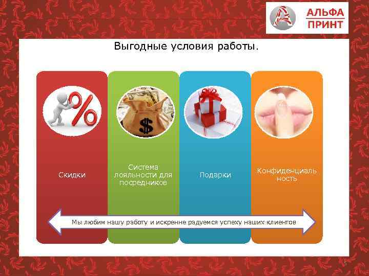 Выгодные условия работы. Скидки Система лояльности для посредников Подарки Конфиденциаль ность Мы любим нашу