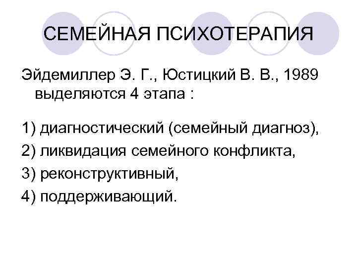 СЕМЕЙНАЯ ПСИХОТЕРАПИЯ Эйдемиллер Э. Г. , Юстицкий В. В. , 1989 выделяются 4 этапа