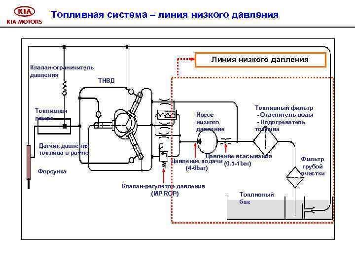 Топливная система – линия низкого давления Линия низкого давления Клапан-ограничитель давления Топливная рампа Датчик