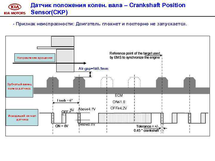 Датчик положения колен. вала – Crankshaft Position Sensor(CKP) - Признак неисправности: Двигатель глохнет и