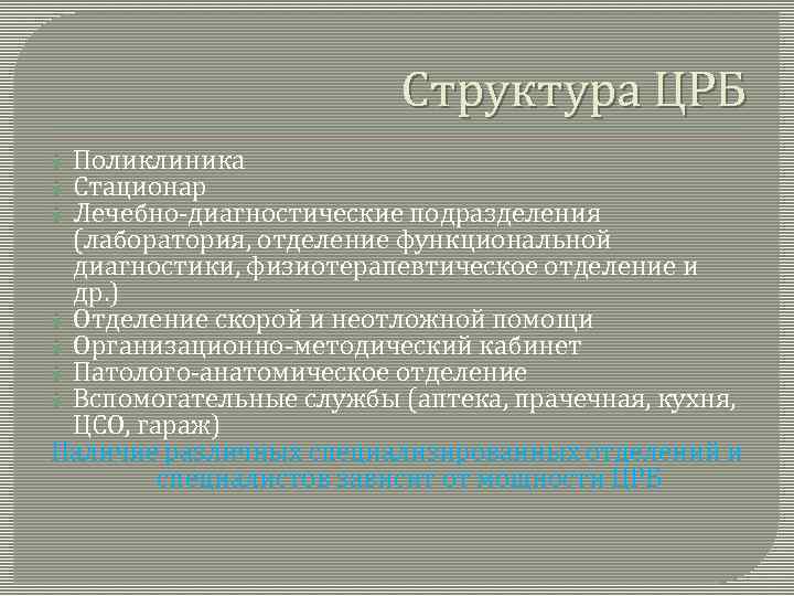 Структура ЦРБ Поликлиника Стационар Лечебно-диагностические подразделения (лаборатория, отделение функциональной диагностики, физиотерапевтическое отделение и др.
