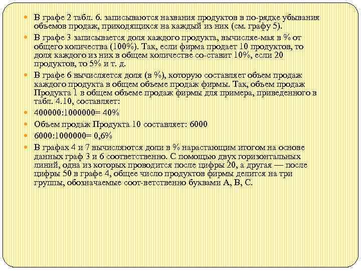  В графе 2 табл. 6. записываются названия продуктов в по рядке убывания объемов