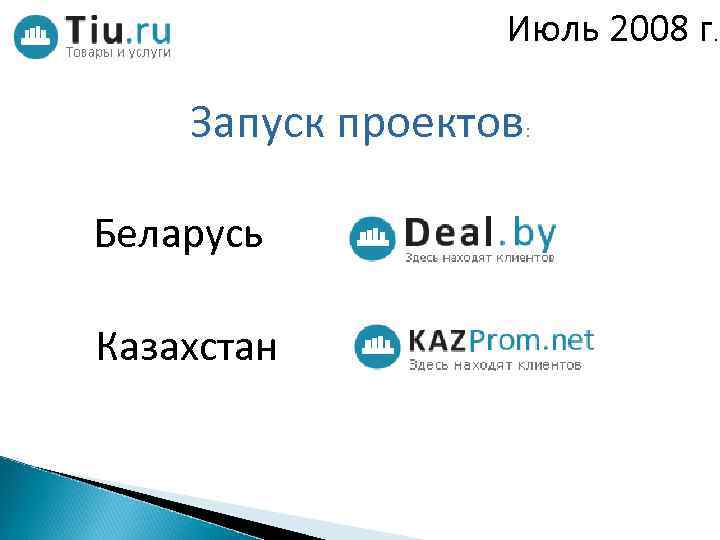 Июль 2008 г. Запуск проектов : Беларусь Казахстан 