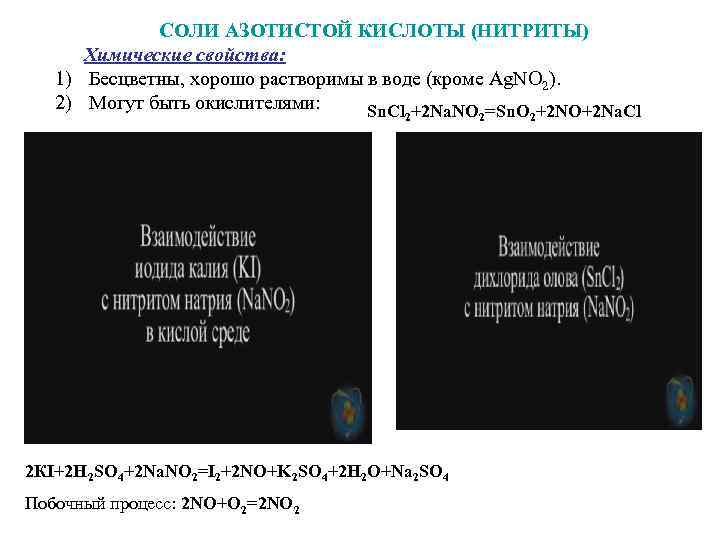 СОЛИ АЗОТИСТОЙ КИСЛОТЫ (НИТРИТЫ) Химические свойства: 1) Бесцветны, хорошо растворимы в воде (кроме Аg.