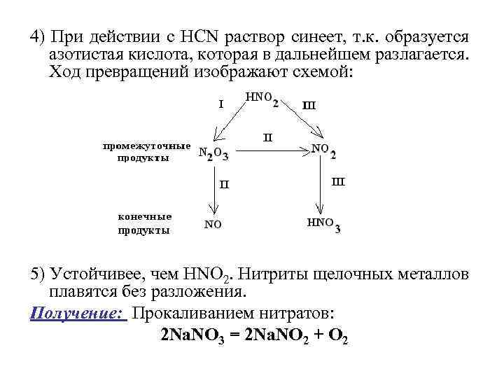 4) При действии с НСN раствор синеет, т. к. образуется азотистая кислота, которая в