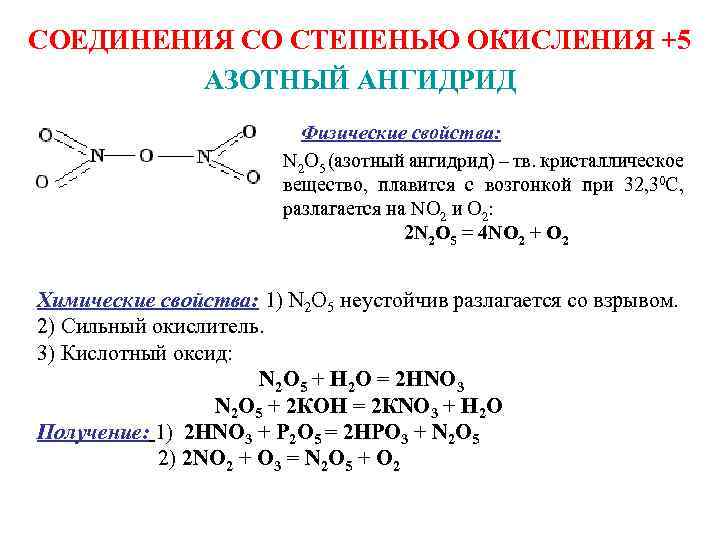 СОЕДИНЕНИЯ СО СТЕПЕНЬЮ ОКИСЛЕНИЯ +5 АЗОТНЫЙ АНГИДРИД Физические свойства: N 2 О 5 (азотный