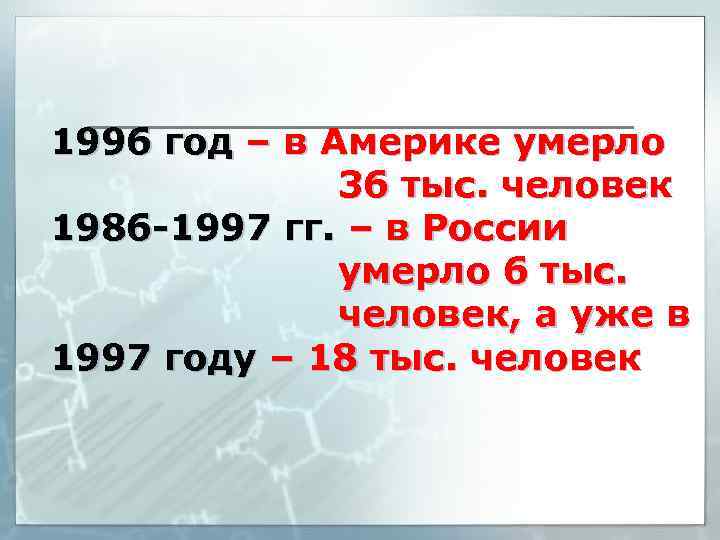 1996 год – в Америке умерло 36 тыс. человек 1986 -1997 гг. – в