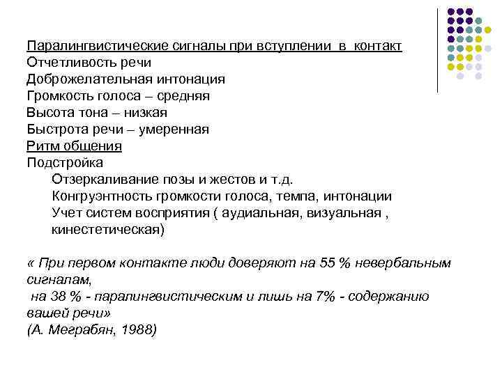 Паралингвистические сигналы при вступлении в контакт Отчетливость речи Доброжелательная интонация Громкость голоса – средняя