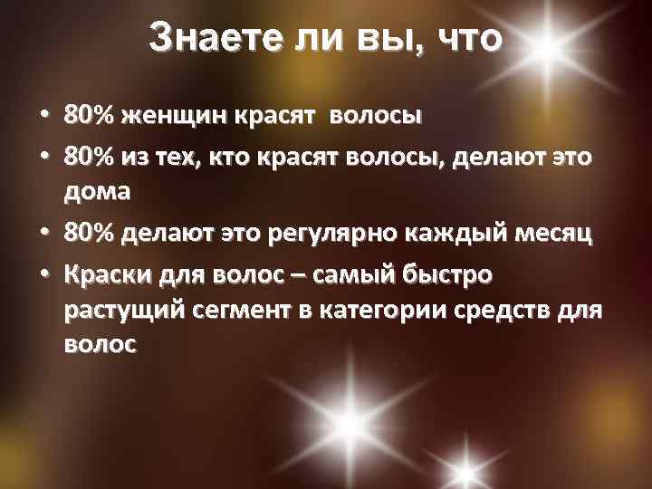 Знаете ли вы, что • 80% женщин красят волосы • 80% из тех, кто