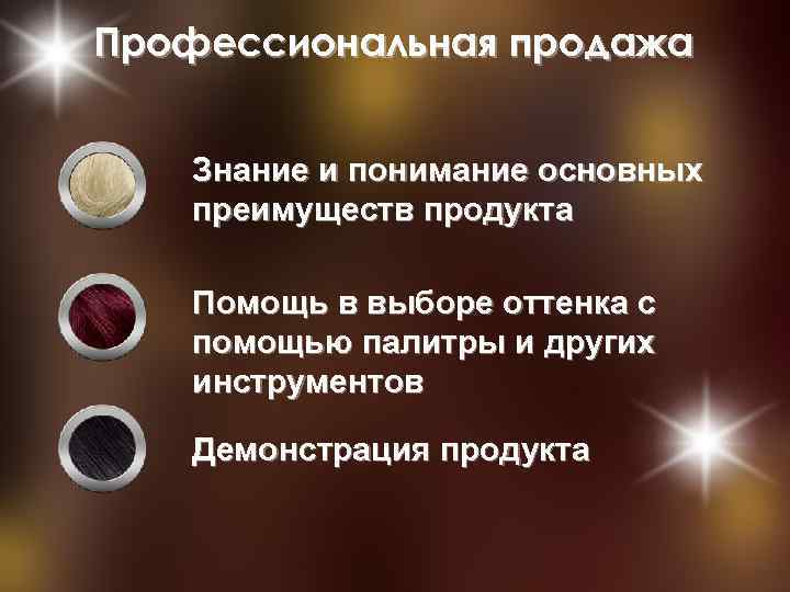 Профессиональная продажа Знание и понимание основных преимуществ продукта Помощь в выборе оттенка с помощью