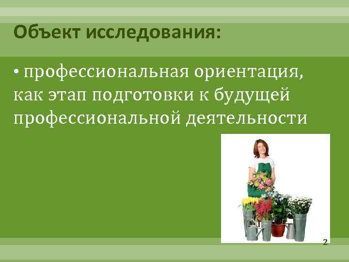 Объект исследования: • профессиональная ориентация, как этап подготовки к будущей профессиональной деятельности 2 