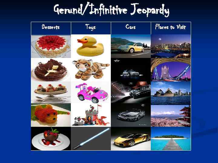 Gerund/Infinitive Jeopardy Desserts Toys Cars Places to Visit 