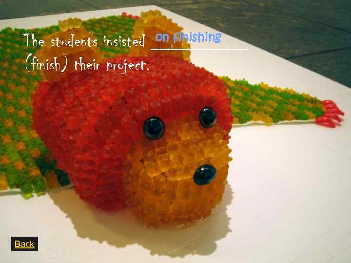 on finishing The students insisted _____ (finish) their project. Back 