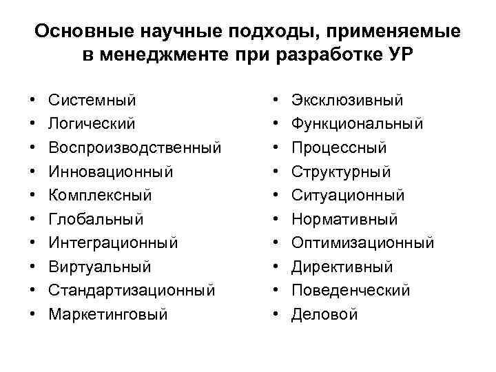 Основные научные подходы, применяемые в менеджменте при разработке УР • • • Системный Логический