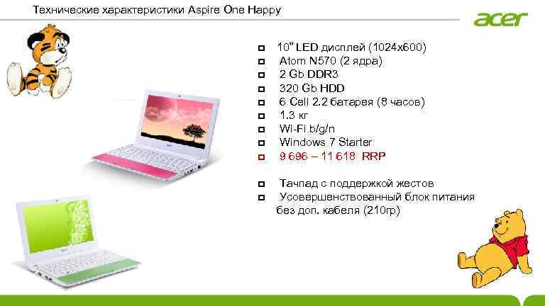 Технические характеристики Aspire One Happy 10” LED дисплей (1024 x 600) Atom N 570