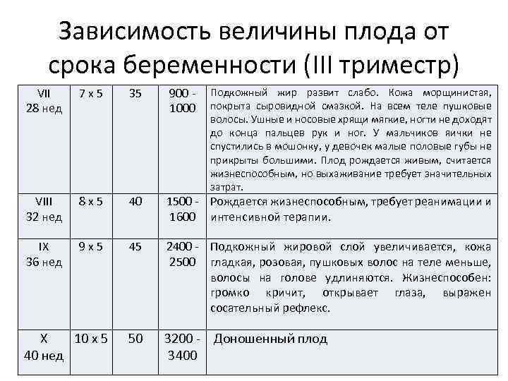 Зависимость величины плода от срока беременности (III триместр) VII 28 нед 7 х 5