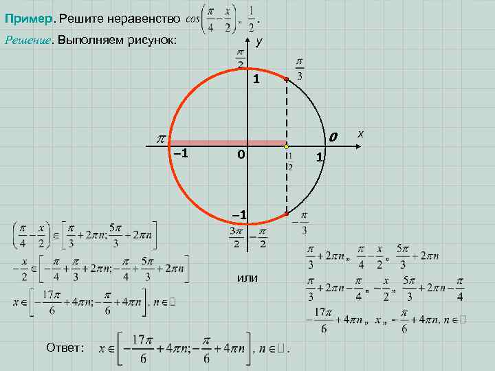 Пример. Решите неравенство . Решение. Выполняем рисунок: y 1 0 – 1 или Ответ: